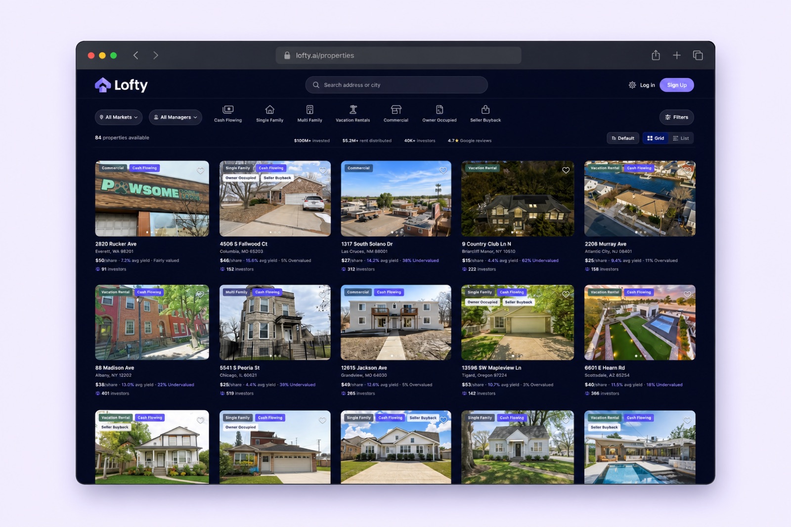 The Lofty marketplace showing a grid of rental property listings with share prices and rental yields