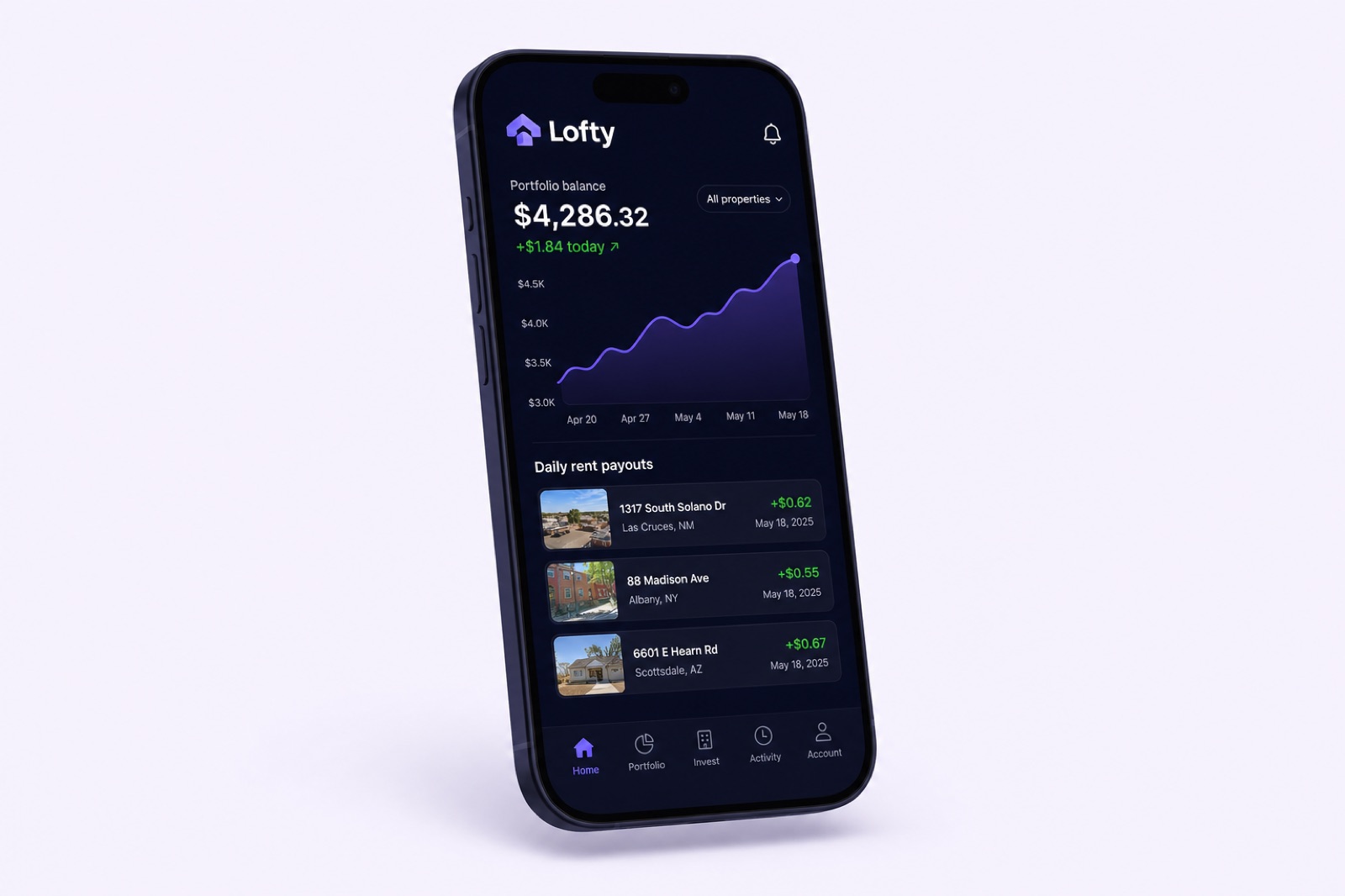 The Lofty mobile dashboard showing a growing portfolio balance and a list of daily rent payouts